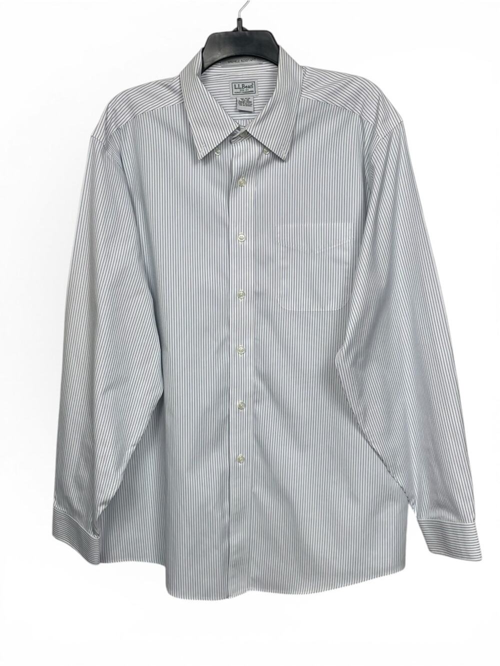 L.L. Bean Men’s wrinkle resistant navy Blue Stripe Button-Down Dress Shirt 16.5”